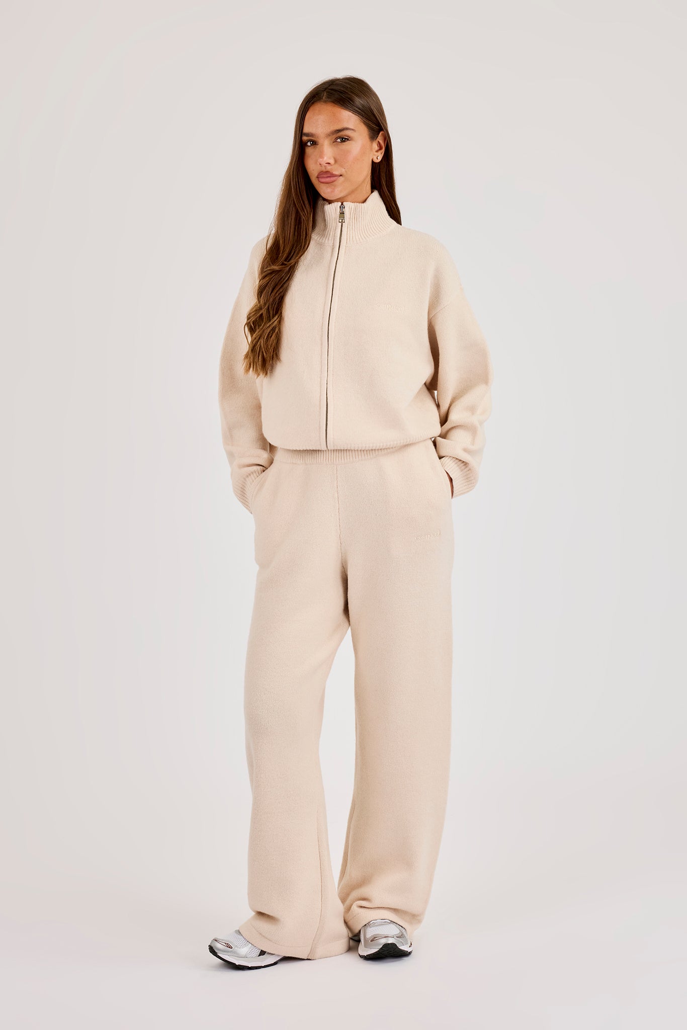 Knitted Embroidered Logo Funnel Neck Zip Through & Wide Leg Jogger - Oatmeal